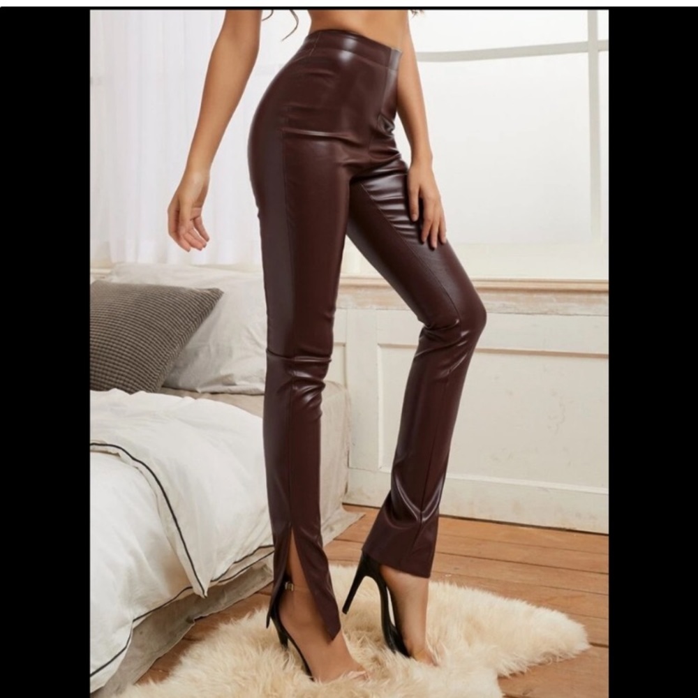 Split hem brown leather pants